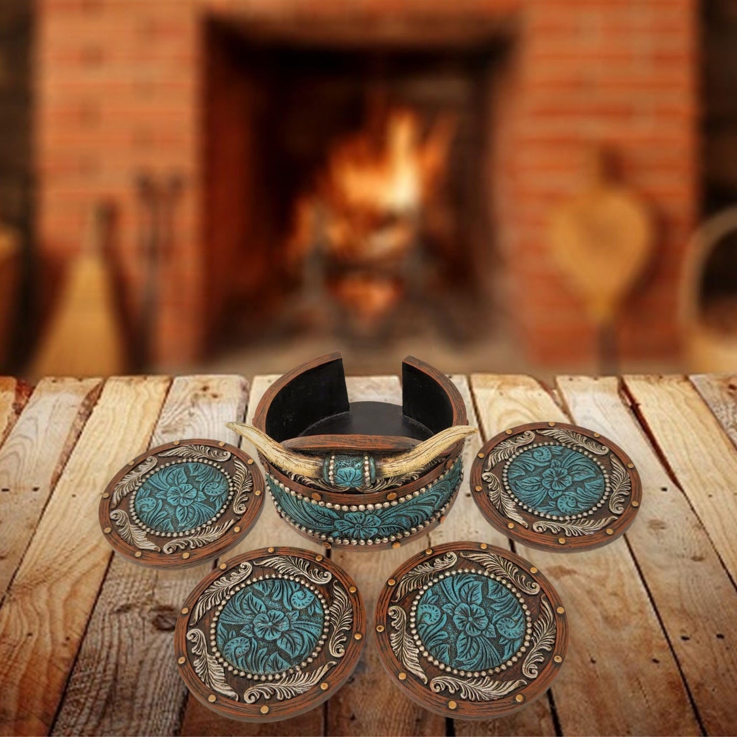 BestGiftEver Rustic Southwestern Coasters Set: Faux Horn & Tooled Leather-Inspired Western Home Decor, Lodge, Cabin - Unique Gift for Cowboy Ranch Theme Enthusiasts