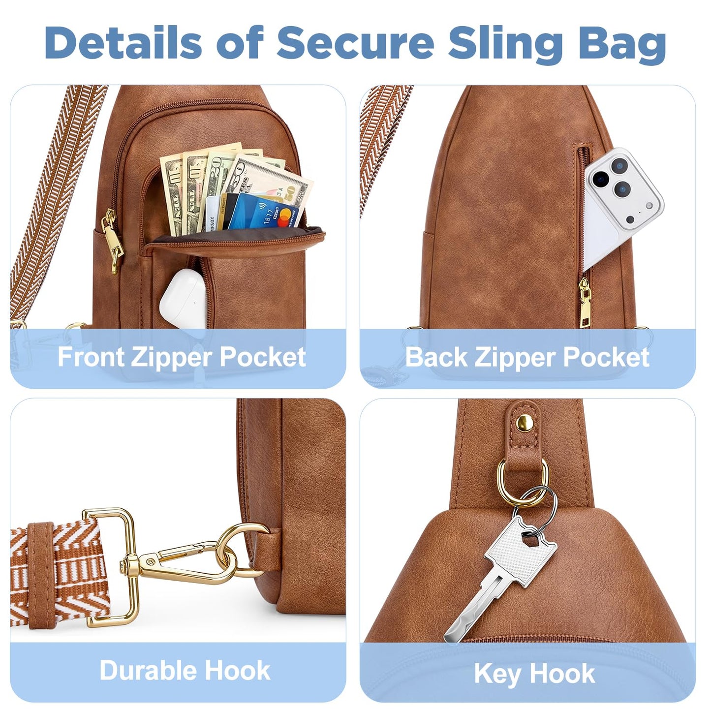 Fiiuos Anti Theft Crossbody Bags for Women RFID Sling Bag, Vegan Leather Cross Body Travel Purse for Work & Daily Use, Hands-Free Casual Daypack for Women Men Mocha Brown