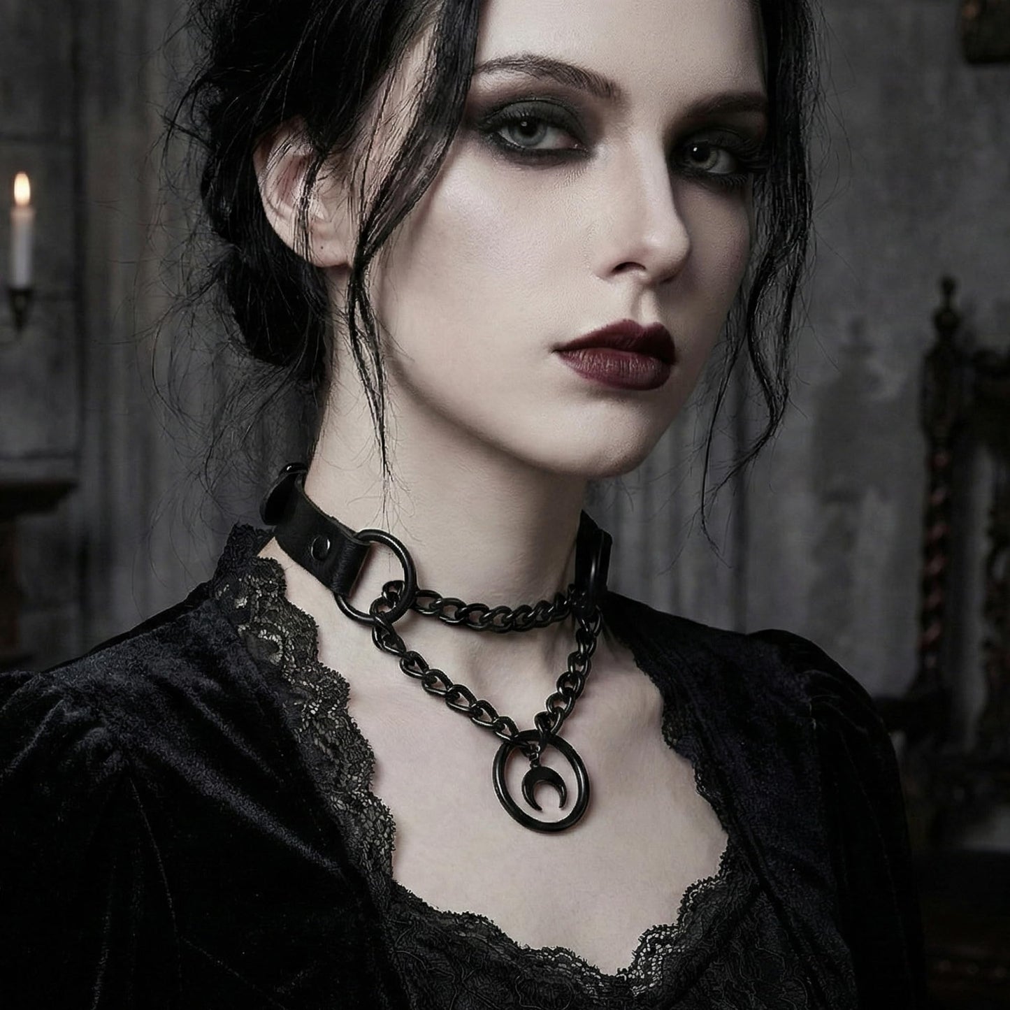 ADEMISHIA Black Gothic Chain Choker with O-ring and Moon Pendant, Punk Grunge Emo Leather Necklace For Women