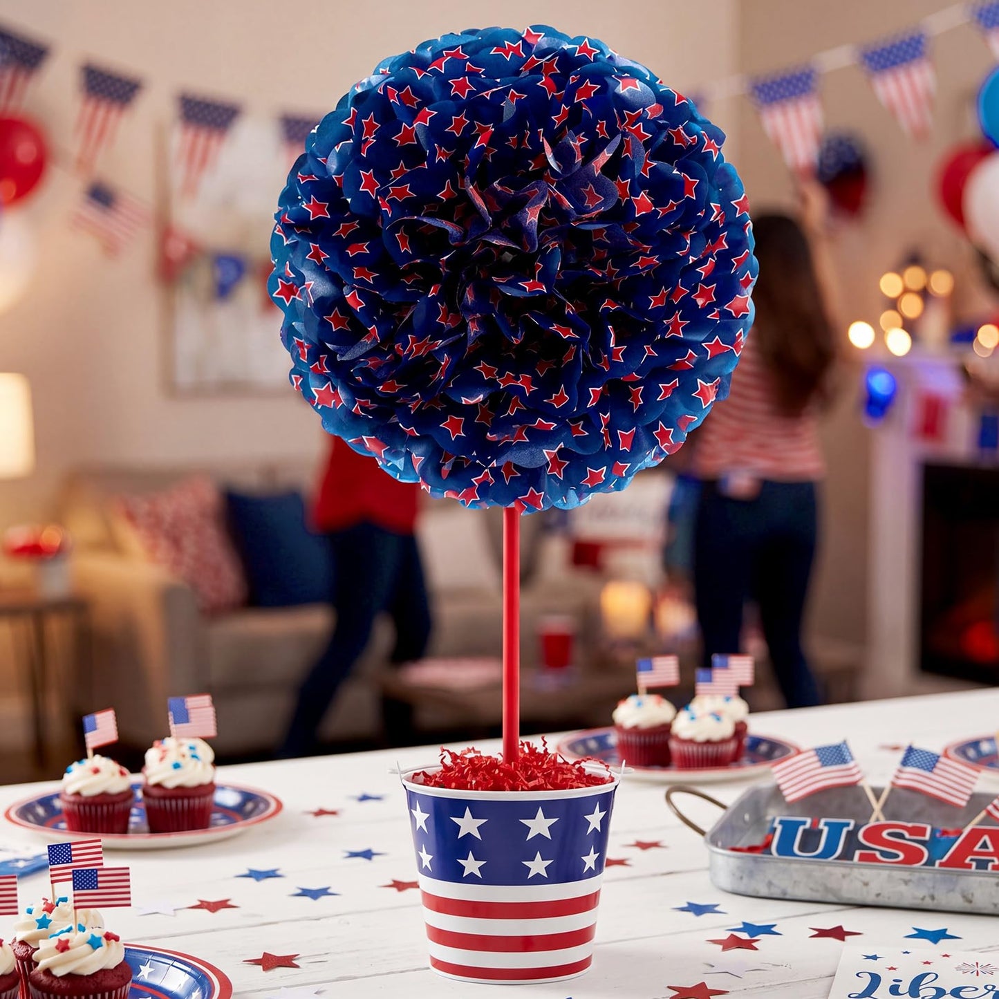 4 Set 18'' Large 4th of July Patriotic Table Centerpiece Decor DIY American Flag Metal Pail Bucket with 16'' Red White Blue Star Pom Pom 3D 250th Anniversary Table Decor Raffia