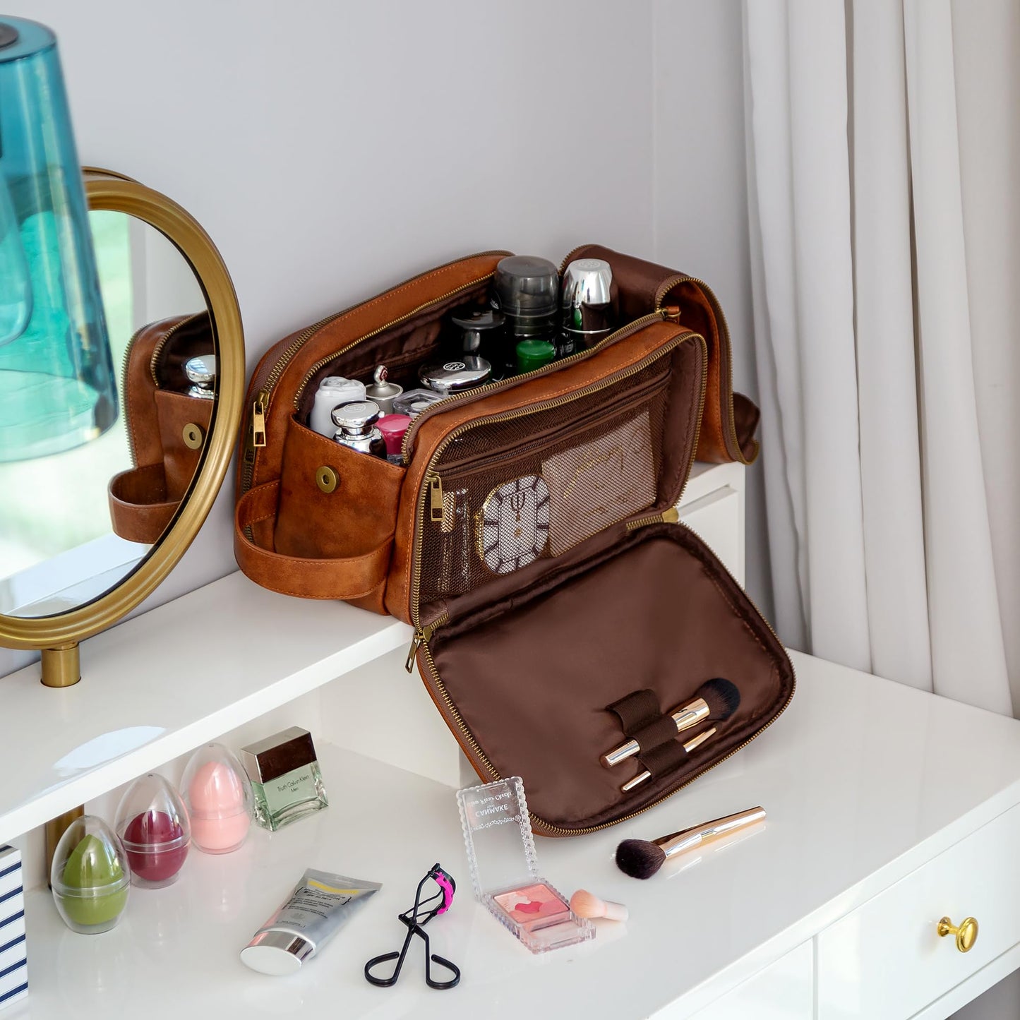 Elviros Toiletry Bag for Men, Large Travel Shaving Dopp Kit Water-resistant Bathroom Toiletries Organizer PU Leather Cosmetic Bags Fathers Day Gift (Medium, Brown)