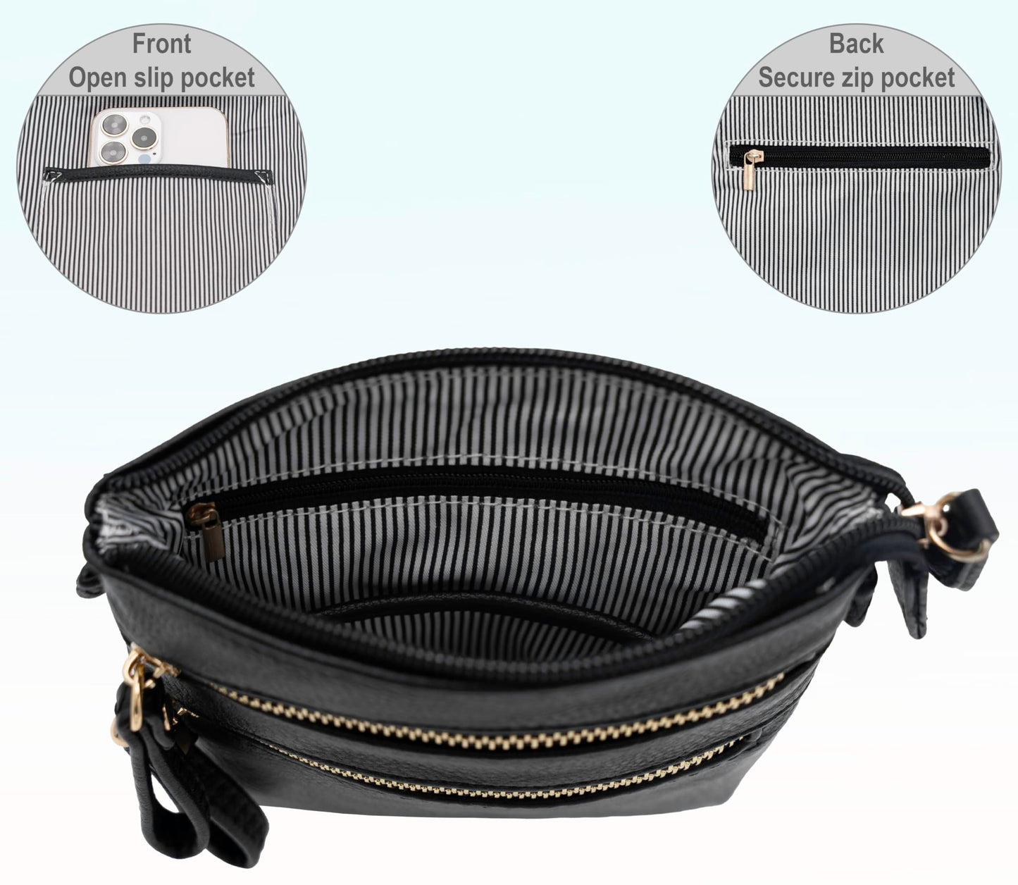 Solene Women's Faux Leather Organizer Multi Zipper Pockets Handbag With Detachable Wristlet Crossbody Bag-WU002(Black)
