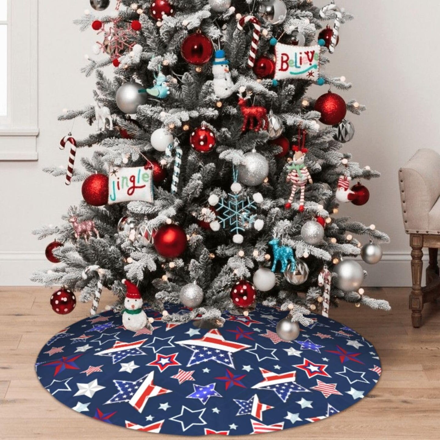 Patriotics Stars and Stripes Veterans Day 4th of July Memorial Day Christmas Tree Skirt - Plush Polyester Mat Resistant with 3 Red Ties for Xmas, Halloween Decorations, Party Decor 36"