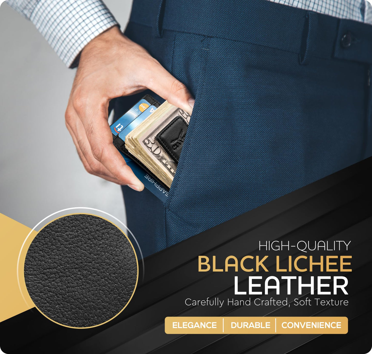Claasico Men’s Leather Money Clip Wallet – Slim Front Pocket Wallet w/Super Strong Magnetic Clip, RFID Blocking, 5 Card Slots & Center Pocket + ID Window