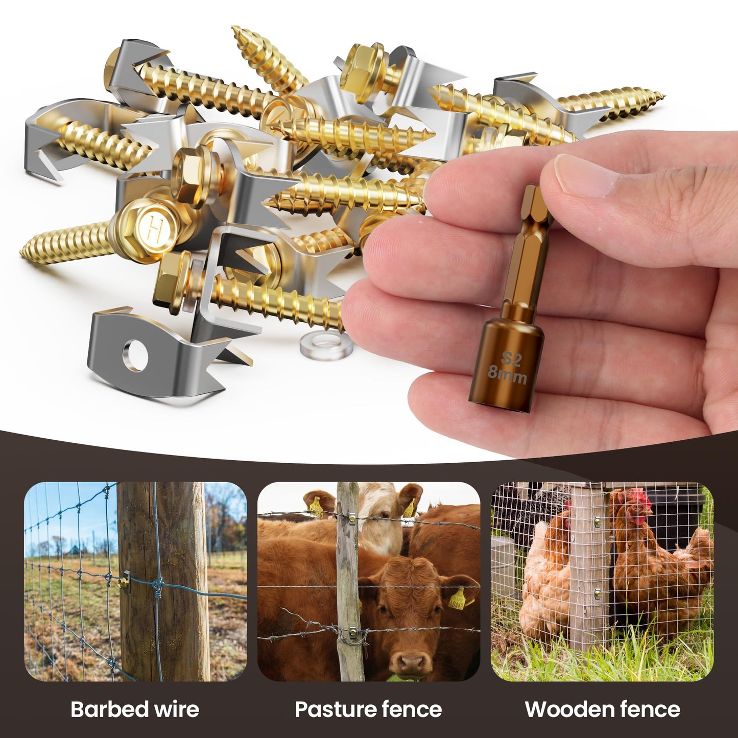 Dabolang 200 PCS Wire Fence Staples with Wire Fixer, Fence Fasteners for Wire Fencing, Fence Post Screws for Softwoods, Reuse/Easy Remove Fence Nails for Mesh and Woven Fencing Repair