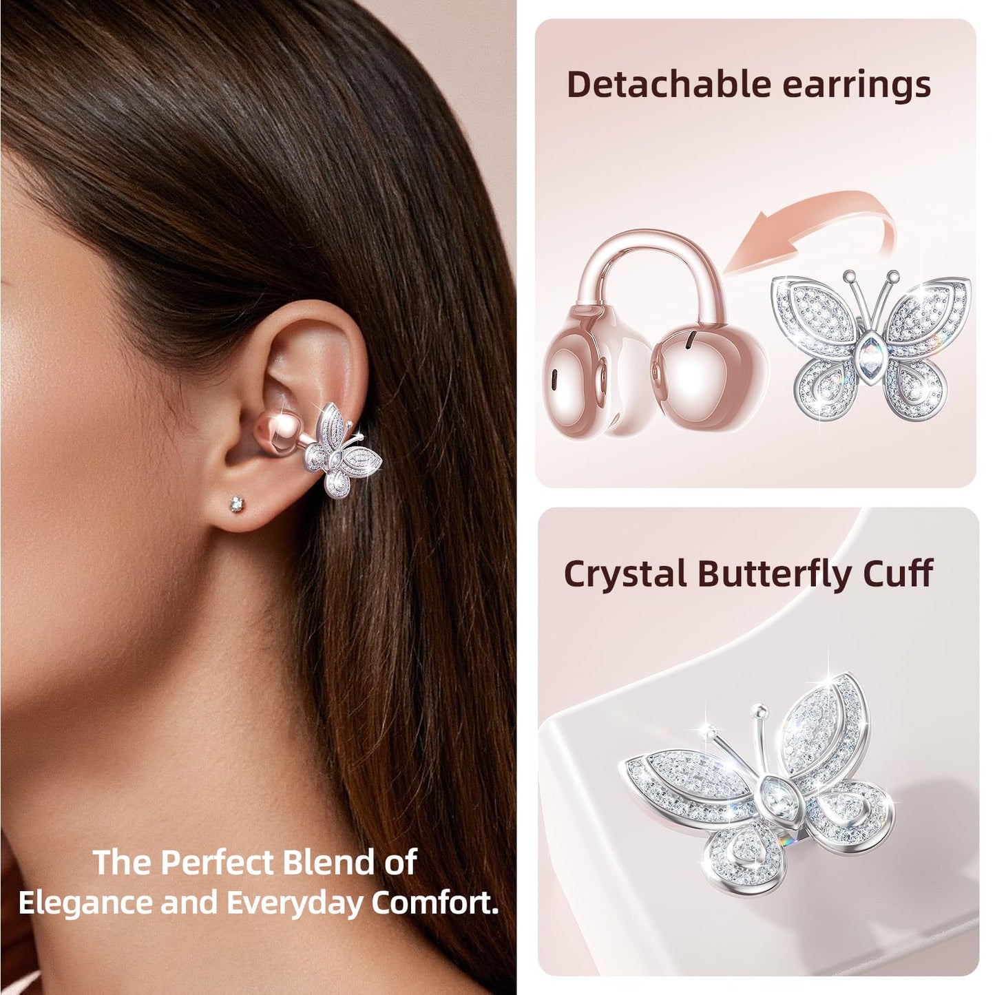 Kinglucky ClipFree Open-Ear Headphones with Butterfly Earrings, Ultra-Comfort & Snug Fit Clip On Earbuds, 50H Playtime Bluetooth 6.0 Wireless Headphones for Women Sports,Glasses Gifts (Rose Gold)