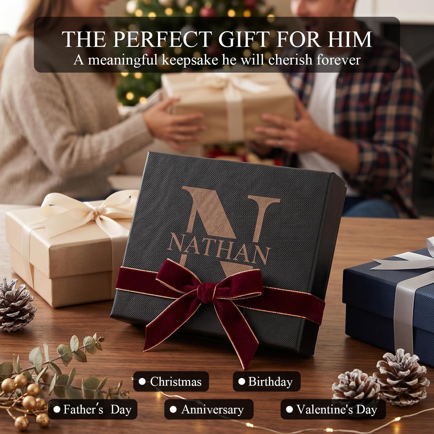 Alomce Personalized Wallet for Men, Custom Engraved Genuine Leather Wallets with Name Initials Pattern – Slim Bifold with 6 Card Slots, 2 Side Pockets & Cash Layer – Ideal Gift for Him Husband Dad
