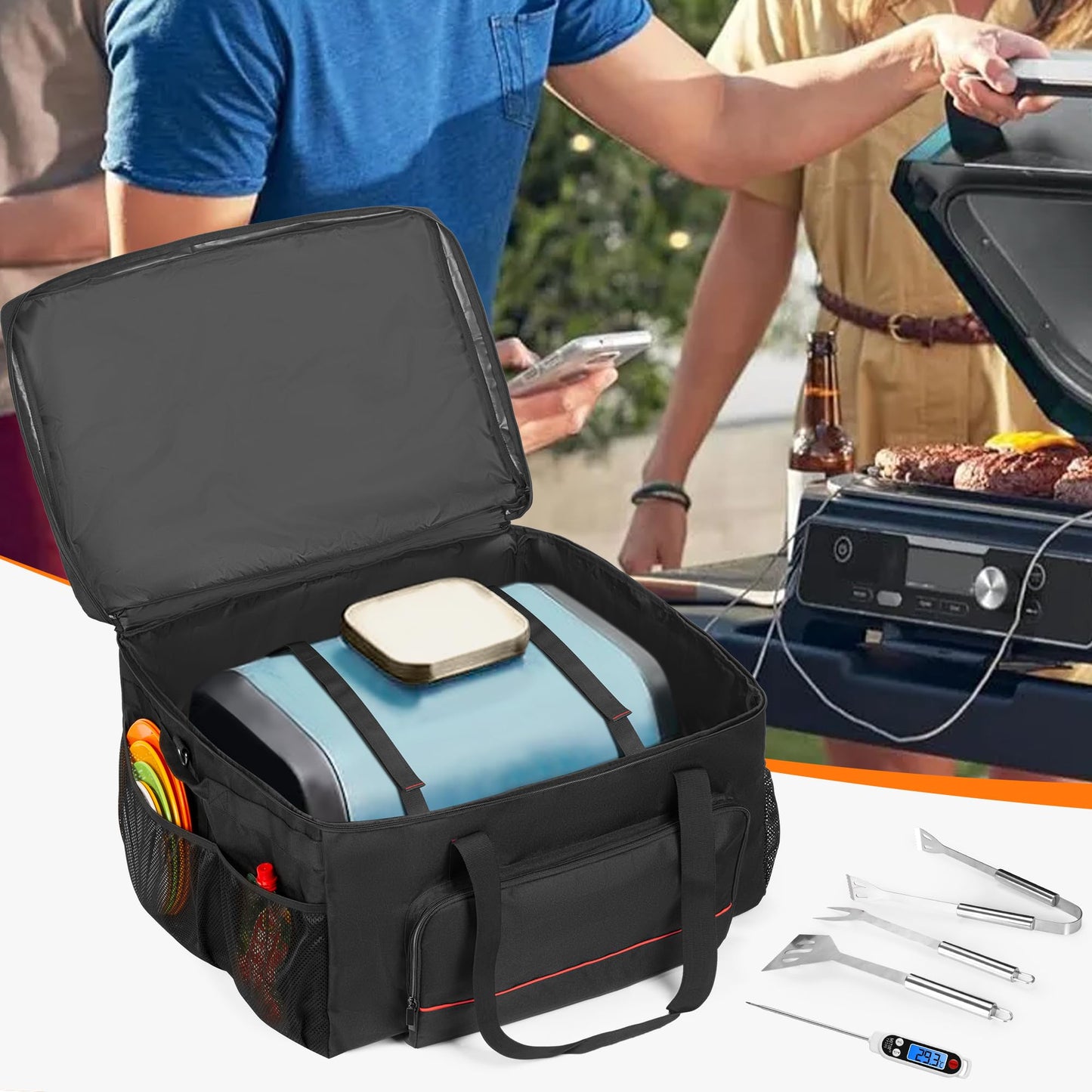 HODRANT Grill Carry Bag Compatible with Ninja OG951 OG850 Woodfire Pro XL Outdoor Grill & Smoker, Grill Cover with Multi Pockets for Grill Accessories Storage, Bag Only