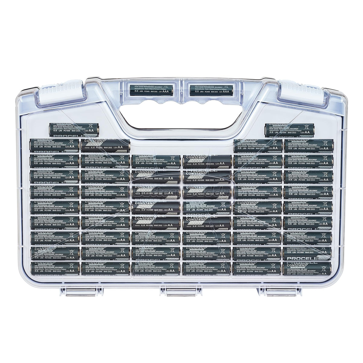 Battery Daddy Storage & Organizer Case with Tester, Stores & Protects Up to 180 Batteries, Double-Sided, Clear Locking Lid, Secure Latches & Portable Carrying Handle - White (Batteries Not Included)