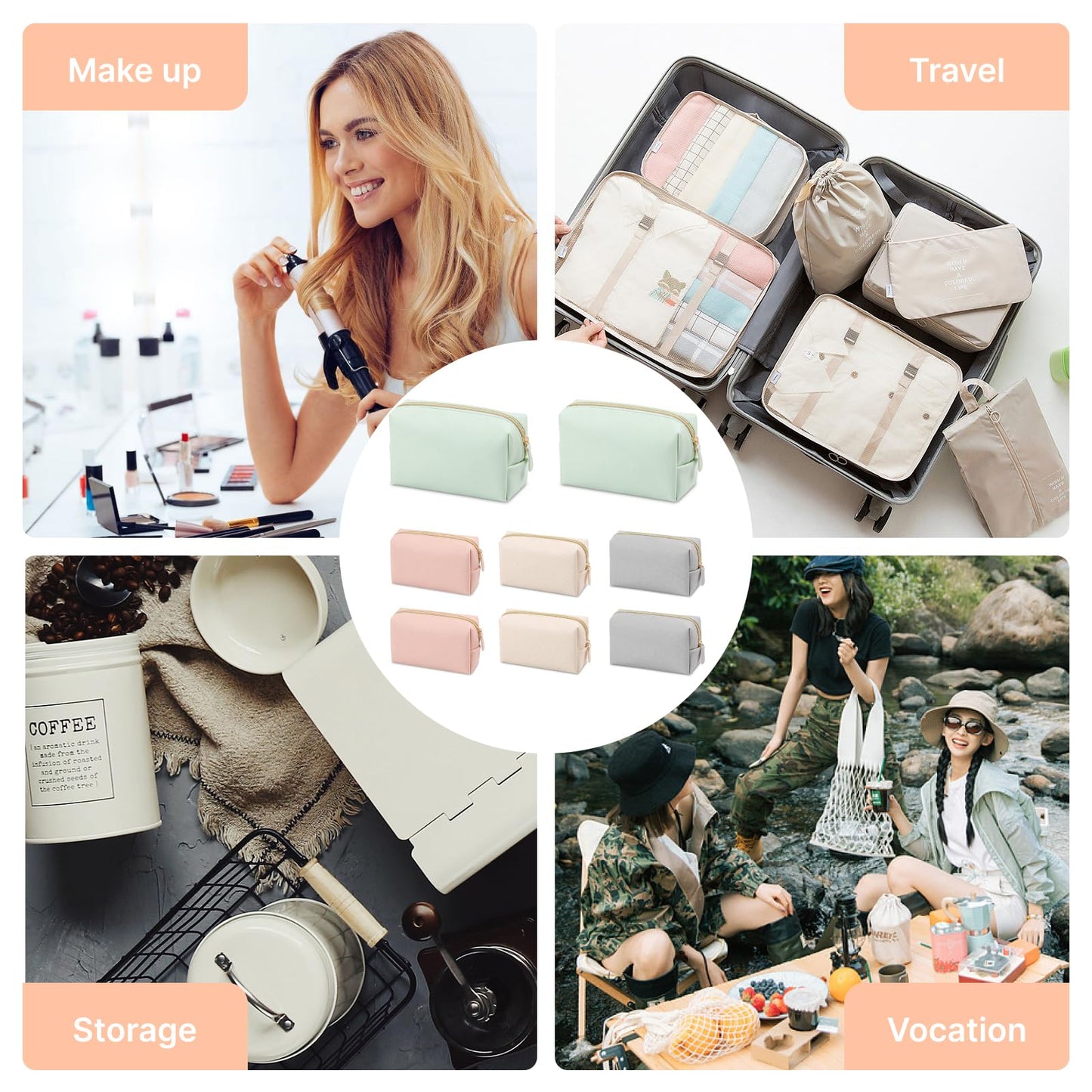 Merkaunis 8 Pcs Preppy Makeup Bag Set, PU Leather Cosmetic Pouch Waterproof Portable Travel Toiletry Bag for Women, Small Makeup Bags Bulk - Gift for Bridesmaid Party (Pink/Beige/Gray/Light Green)