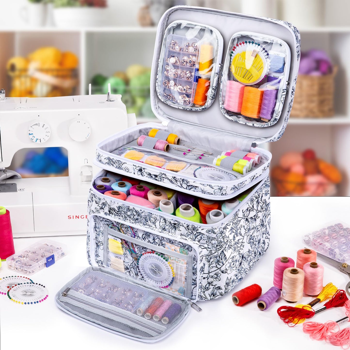AMOIGEE Double-Layer Sewing Organizer Storage Bag with 2 Detachable Pouches, Large Quilted Sewing Basket for Supplies & Tools, Portable Travel Sewing Kit Case, Gift for Mom(BAG ONLY)