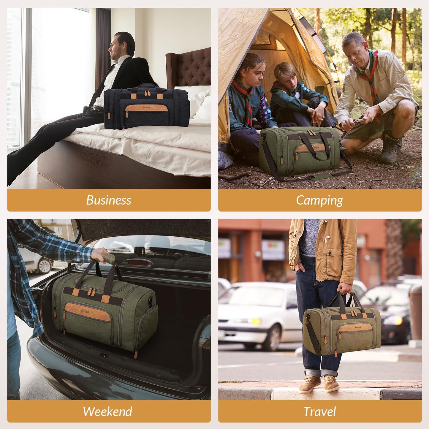 Celvetch Canvas Duffle Bag for Travel 50L Expandable Travel Duffel Bags for Men Women Weekender Overnight Bag with Shoes Compartment - Brown