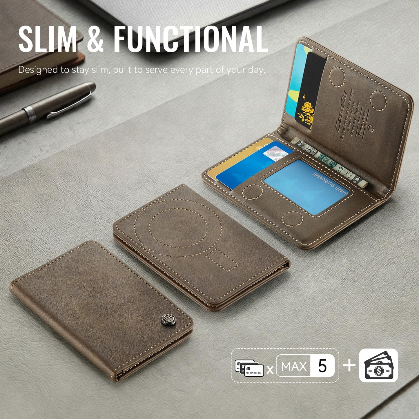XIMAND Magnetic Wallet Card Holder with RFID Protection, PU Leather Slim Wallet, Strong Magnet Attachment for iPhone 18/17/16/15/14/13/12 Series Pro Max Plus Mini-Brown