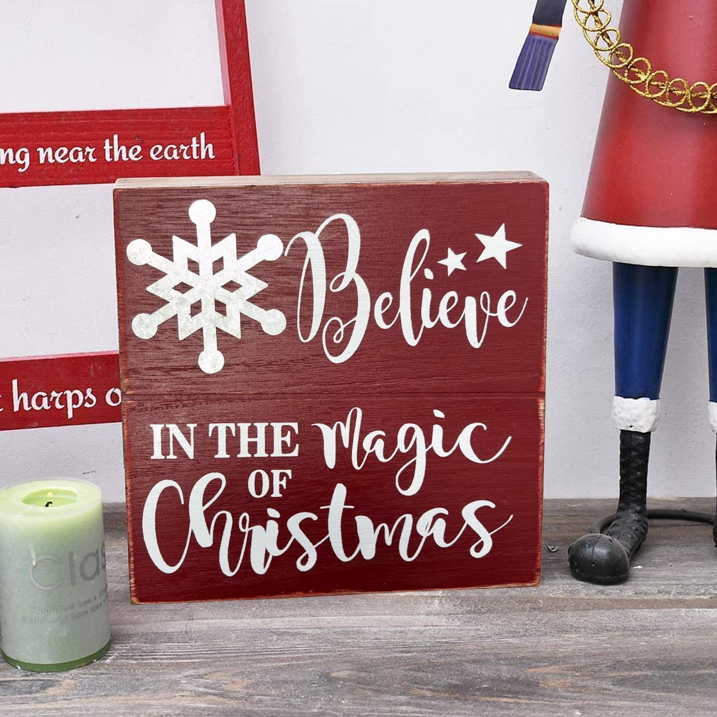 Christmas Farmhouse Wood Hanging Wall Sign Decor Wooden Frame Box Sign, Rustic Decorative Xmas Signs Freestanding Tabletop Winter Christmas Decorations