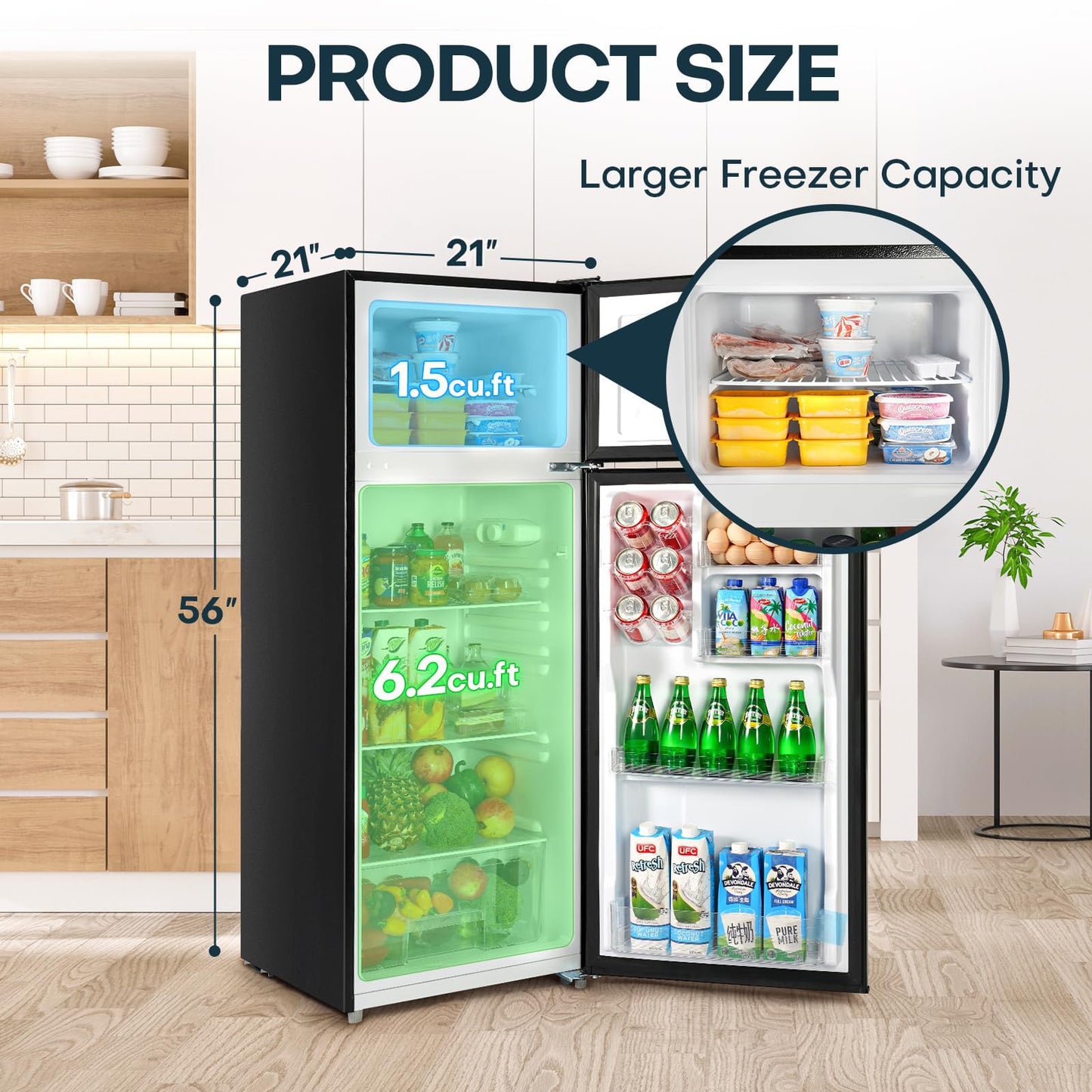 Upstreman 7.7 Cu.Ft. Refrigerator with Freezer, Double Door Fridge, Adjustable Thermostat, Large Capacity, Reversible Door Swing, Refrigerator for Apartment, Office, Dorm, Black(BD75)