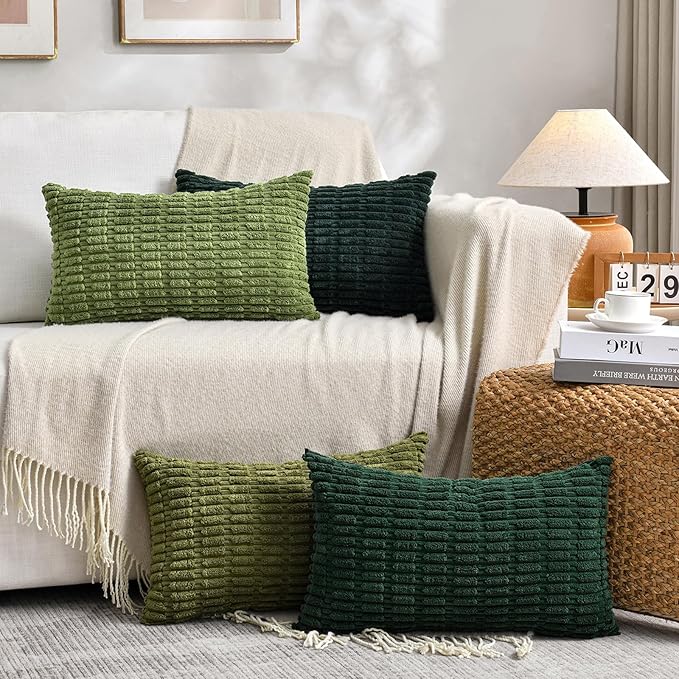 Fancy Homi 1 Pack Boho Moss Green Decorative Throw Pillow Covers 14x24 Inch for Couch Bed Sofa, Rustic Modern Farmhouse Home Decor, Soft Plush Corduroy Cute Rectangle Cushion Case 35x60 cm