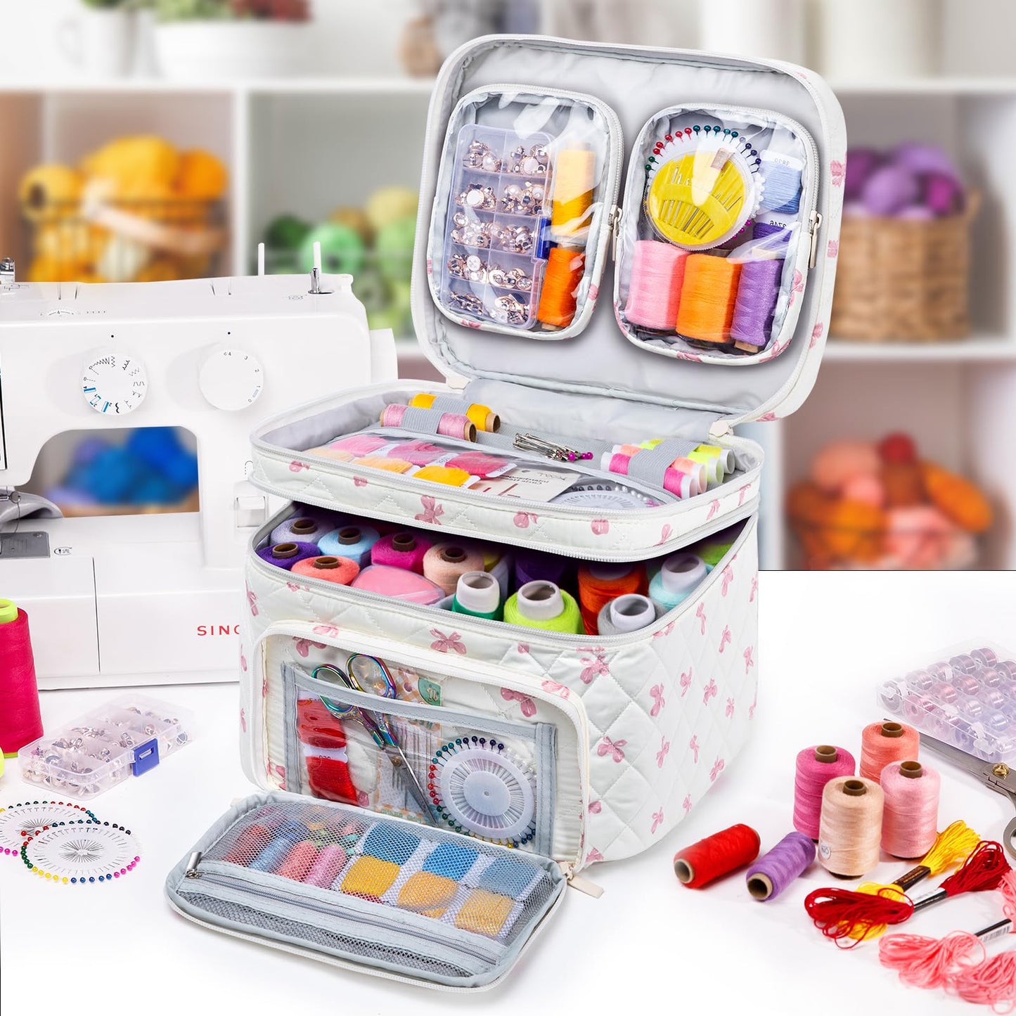 AMOIGEE Double-Layer Sewing Organizer Storage Bag with 2 Detachable Pouches, Large Quilted Sewing Basket for Supplies & Tools, Portable Travel Sewing Kit Case, Gift for Mom(Bag ONLY)
