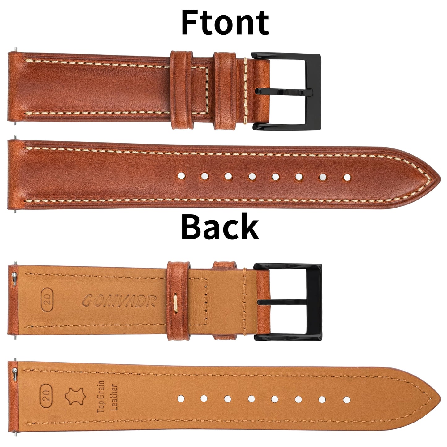 Gomvadr Vintage Genuine Top Grain Leather Watch Strap Quick Release, 18/19/20/21/22/24mm, Silver/Black Buckle, Universal Fit Unisex for Daily Wear (Brown with Black Buckle, 18mm)