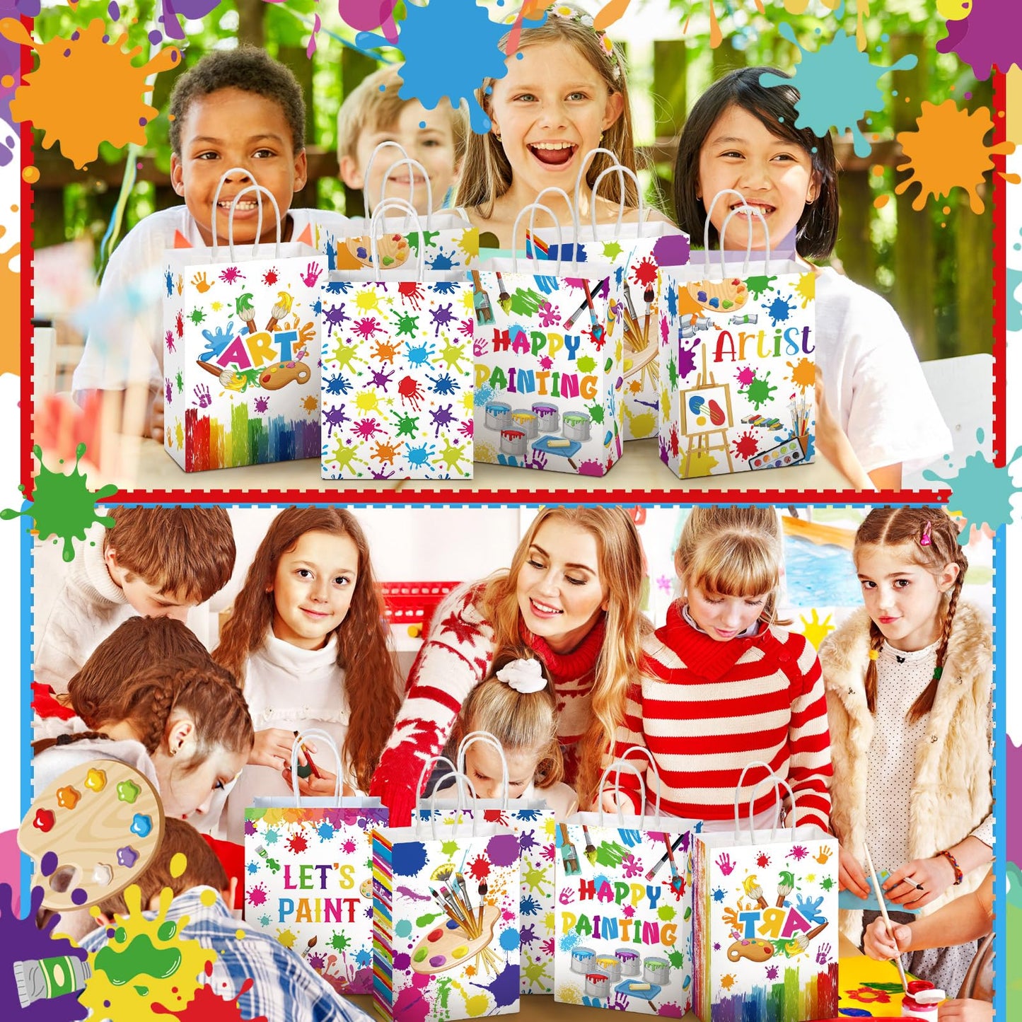 Kolldenn 24 Pcs Art Party Favors Bags Paint Gift Goodie Paper Bags with Handles Splatter Art Candy Pouch Artist Treat Pouch for Painting Splatter Birthday Party Decorations Supplies