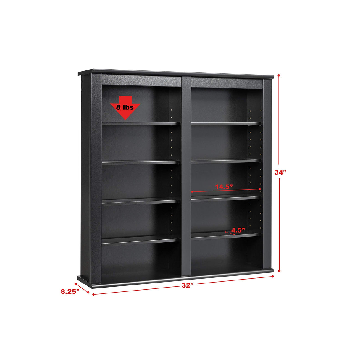 Prepac 2 Column Display Cabinet, Black Storage Cabinet with 8 Adjustable Shelves, Wall DVD Storage for Living Room 8.25" D x 32" W x 34" H