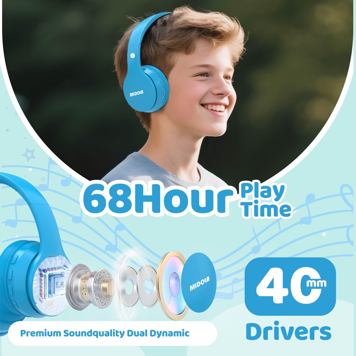 MIDOLA Kids Headphones Bluetooth 5.4 Wireless 68H Play Time Volume Limit 85/94dB Over-Ear Foldable Headset,Type-C Fast Charging,with Wired Aux Mic for Toddler Child Pad Tablet Blue