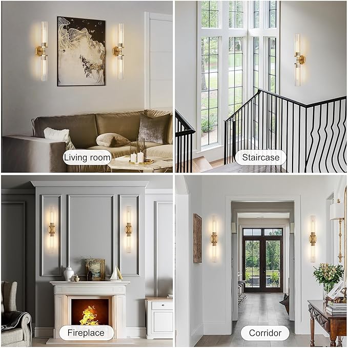 Crystal Bathroom Vanity Wall Sconces Set of Two Gold Modern Sconces Wall Lighting, 28.5in Brass Vanity Lights,Indoor Linear Wall Sconce Light for Bedroom,Hallway,Staircase,Living Room,Dining Room