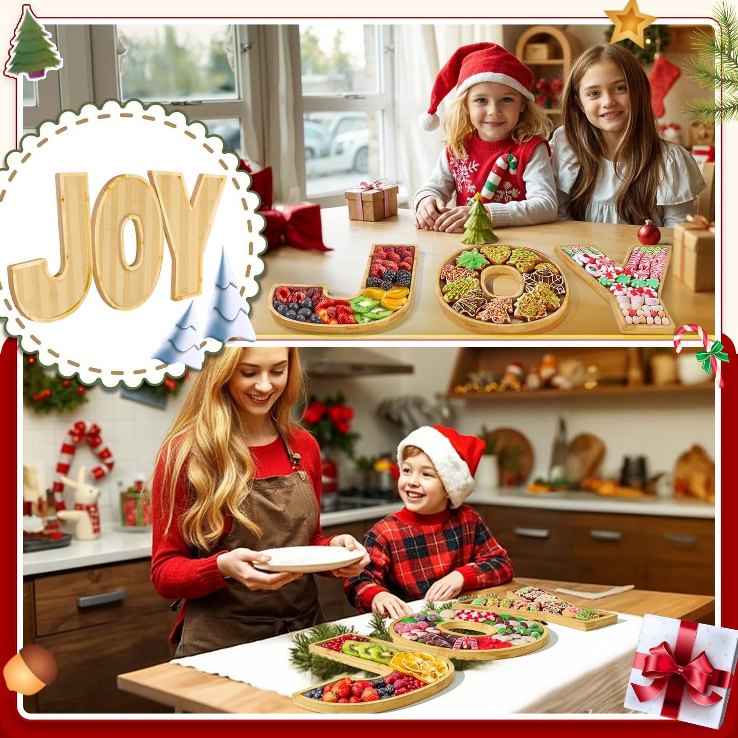 OurWarm 3Pcs Christmas Charcuterie Board, JOY Bamboo Appetizer Serving Platter, Large Candy Dish Snack Platters, Gift Ideas for Housewarming Party