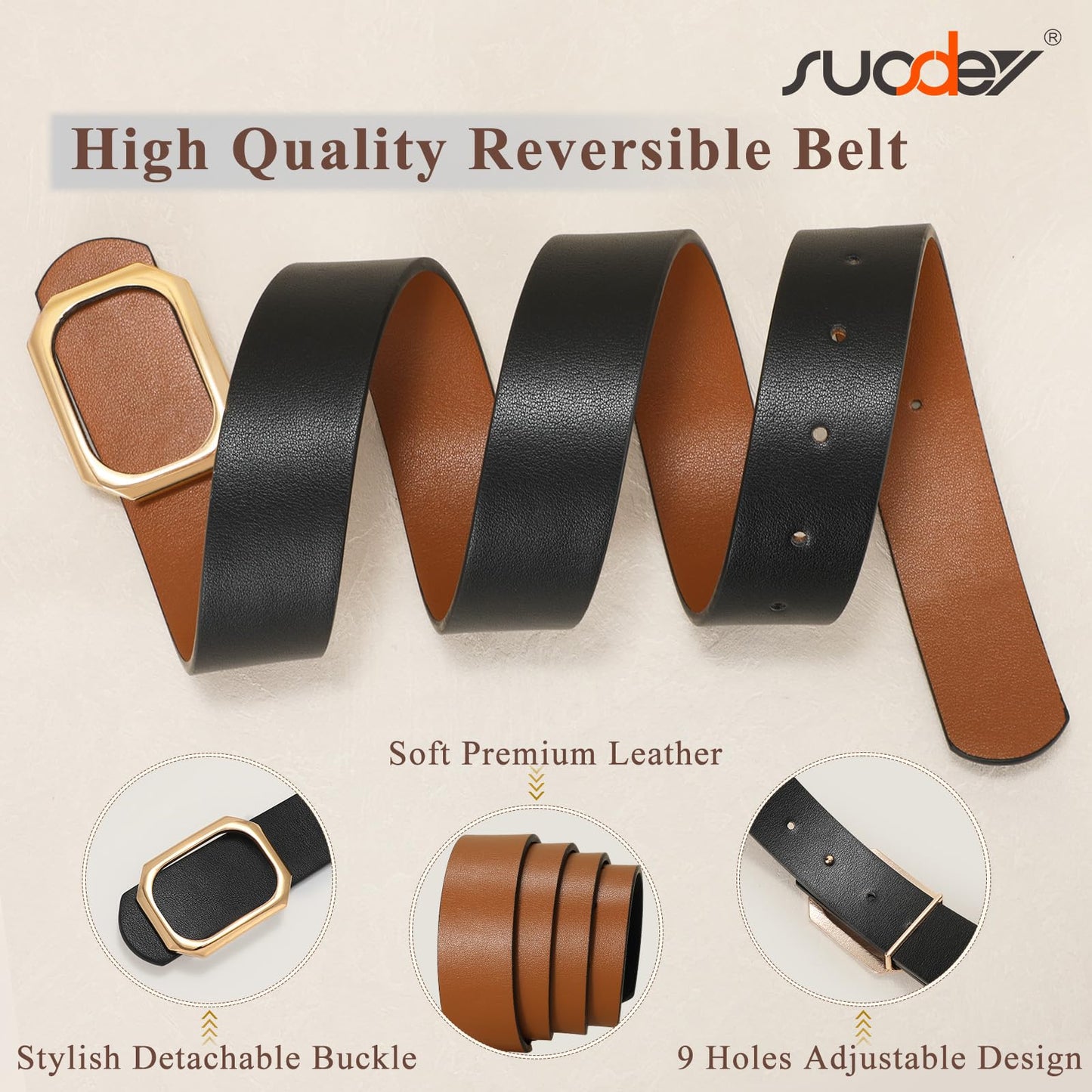 SUOSDEY Women Reversible Leather Belt for Jeans Pants Dresses Ladies Waist Belt, 1.3" Width,black/brown