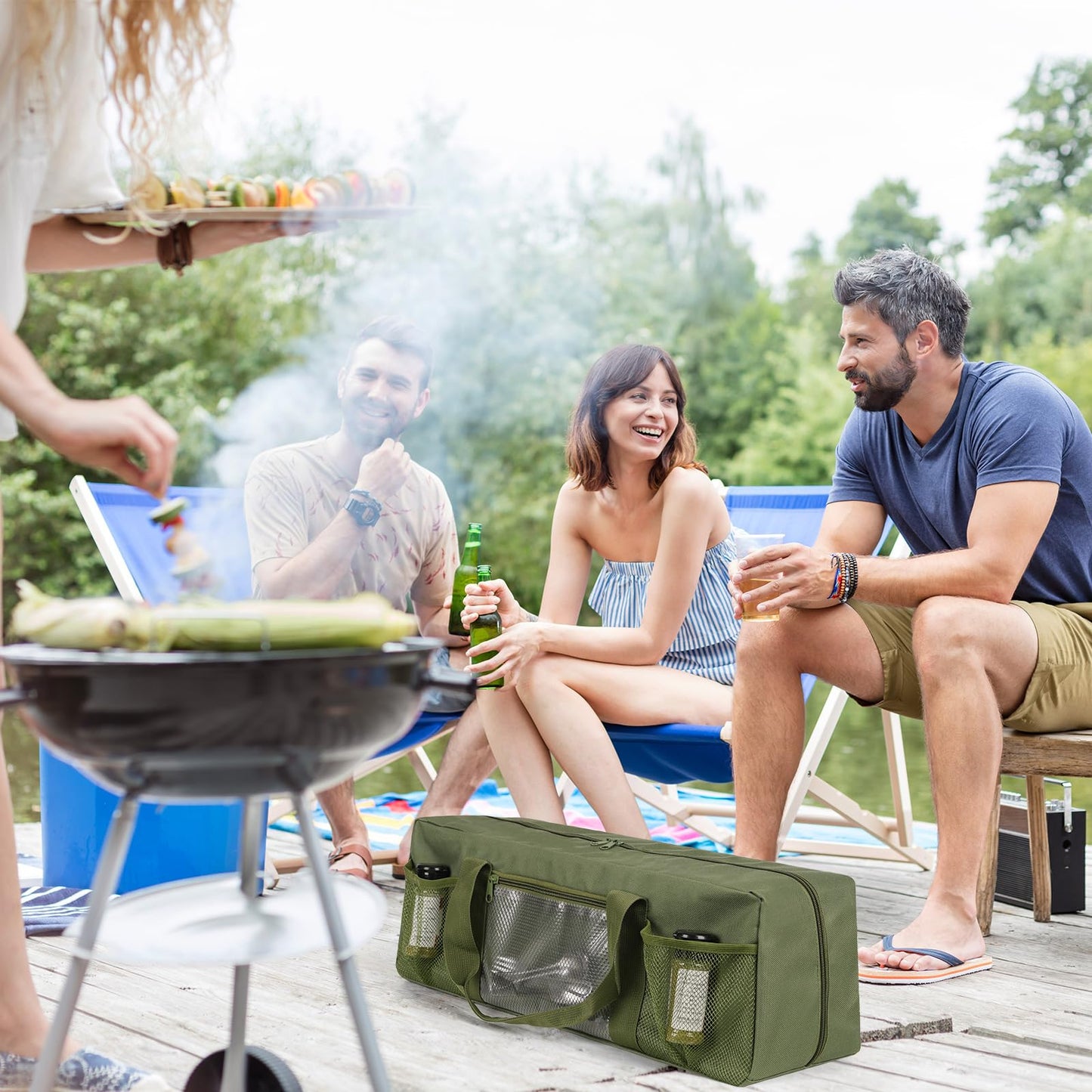 Frjjthchy Grill Tool Storage Bag, Large Grill Utensil Storage Caddy with Pockets, Portable Grill Accessory Storage Bag for Outdoor Camping & BBQ (Green)