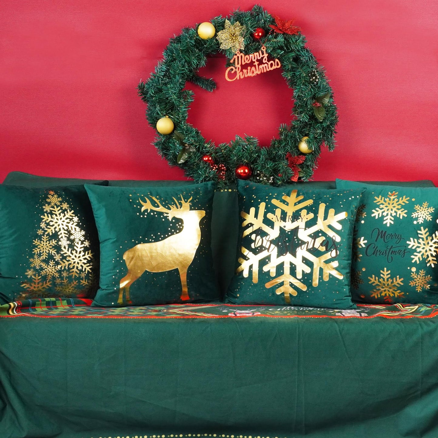ONWAY Green Christmas Decorations Gold Throw Pillow Covers 20x20 Set of 4 Snowflakes Reindeer Decorative Cushion Cases Xmas Golden Decor for Couch Sofa Bedroom