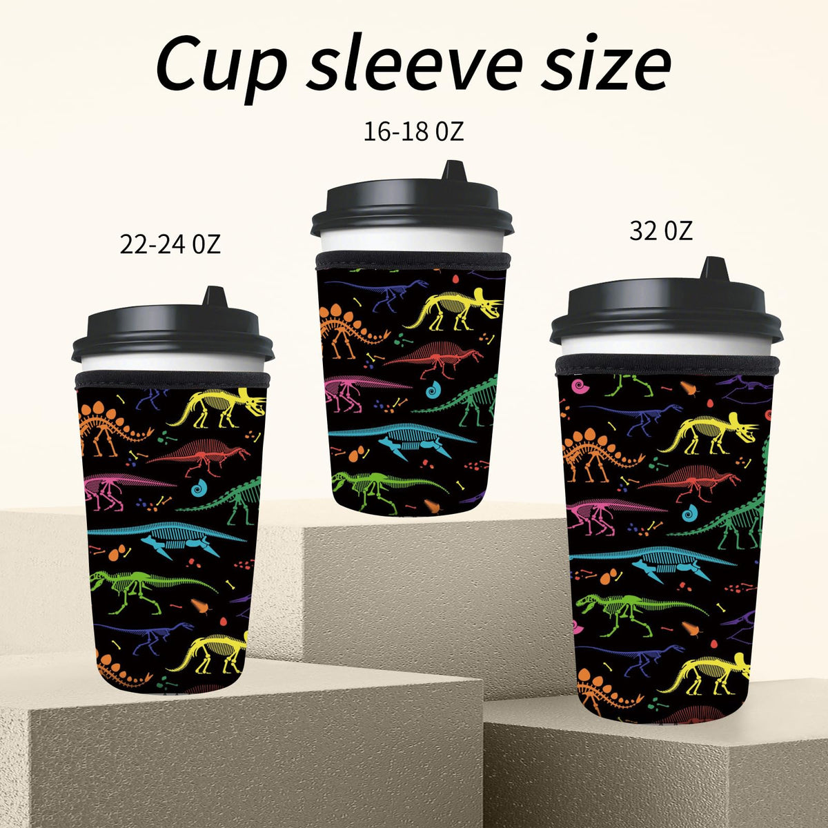 AMZXCFGL 3 Pack Reusable Neoprene Insulator Sleeve for Iced Coffee Cups, Cute Funny Coffee Cup Sleeve, Universal Fit 16-32oz Cups for Hot Cold Beverages Cute Dinosaur