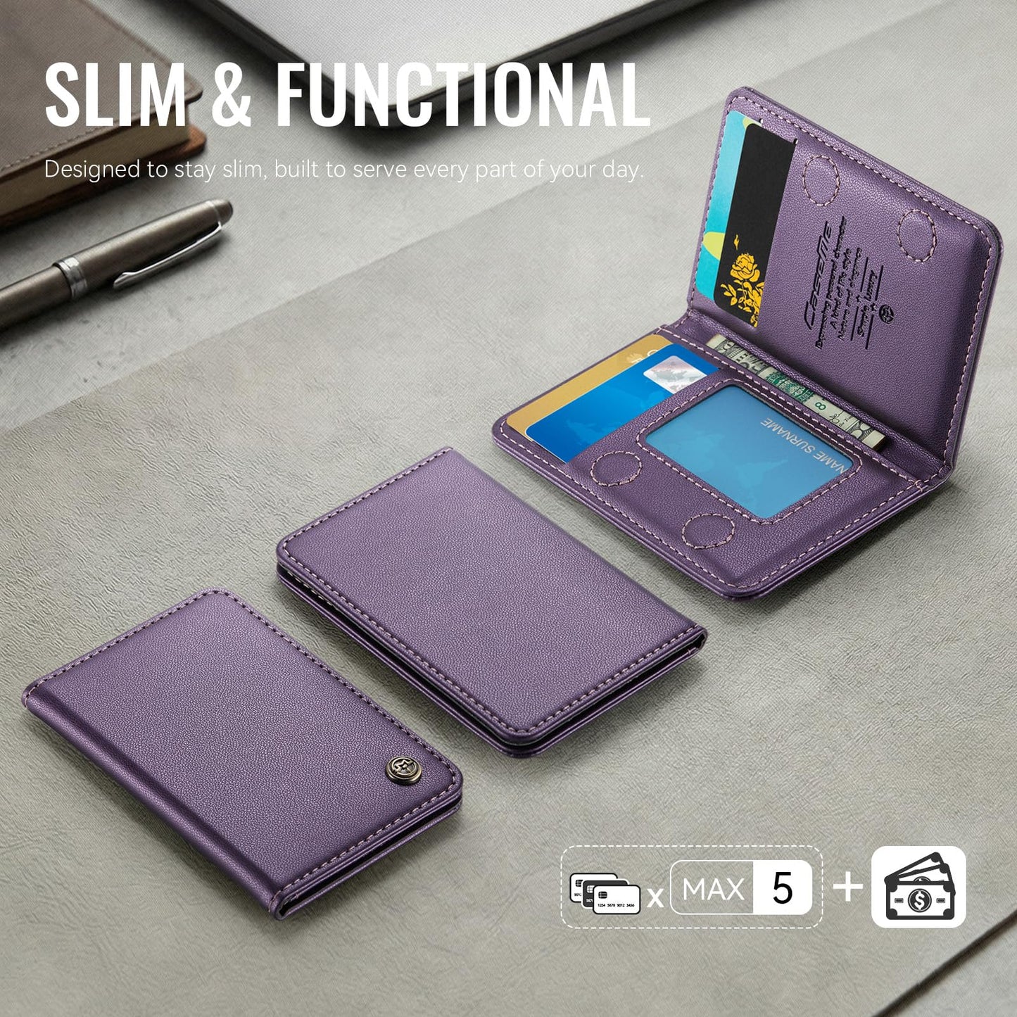 XIMAND Magnetic Wallet Card Holder with RFID Protection, PU Leather Slim Wallet, Strong Magnet Attachment for iPhone 18/17/16/15/14/13/12 Series Pro Max Plus Mini-Purple