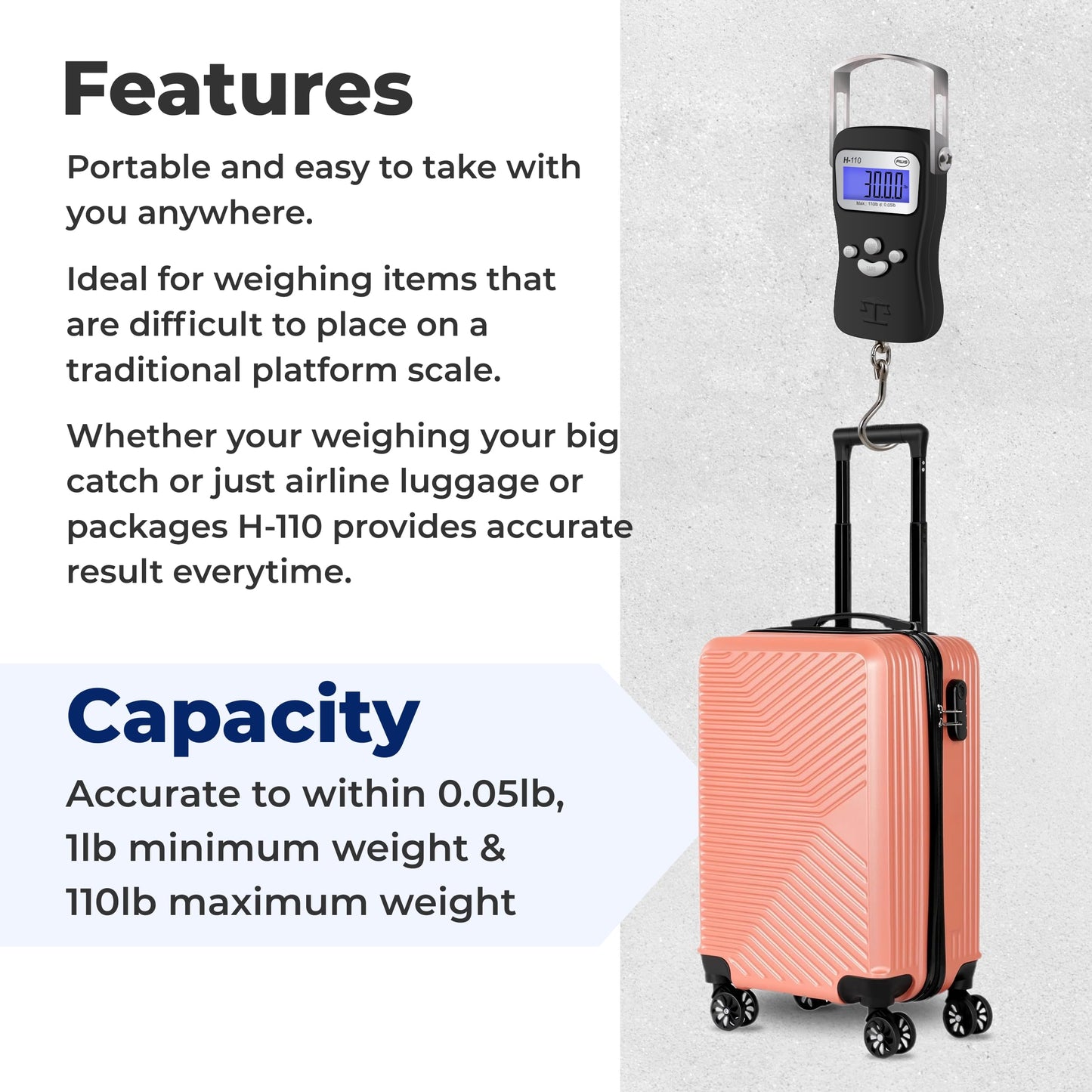 AWS Digital Luggage Scale, Fish Weighing Scale, Hanging Scale 110lb/50kg – Die-Cast Metal Construction, Built-in Tape Measure, Hook & Handle – for Travel, Fishing, Archery, Hunting, Outdoor (Black)