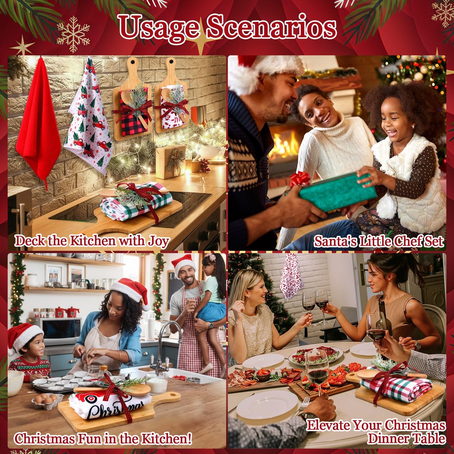 Leinuosen 6 Sets Christmas Cutting Board Set Christmas Kitchen Gifts Bulk Charcuterie Boards with Cooking Spoons Red Buffalo Check Towels Ribbon and Pine Gift for Holiday Housewarming(Classic)
