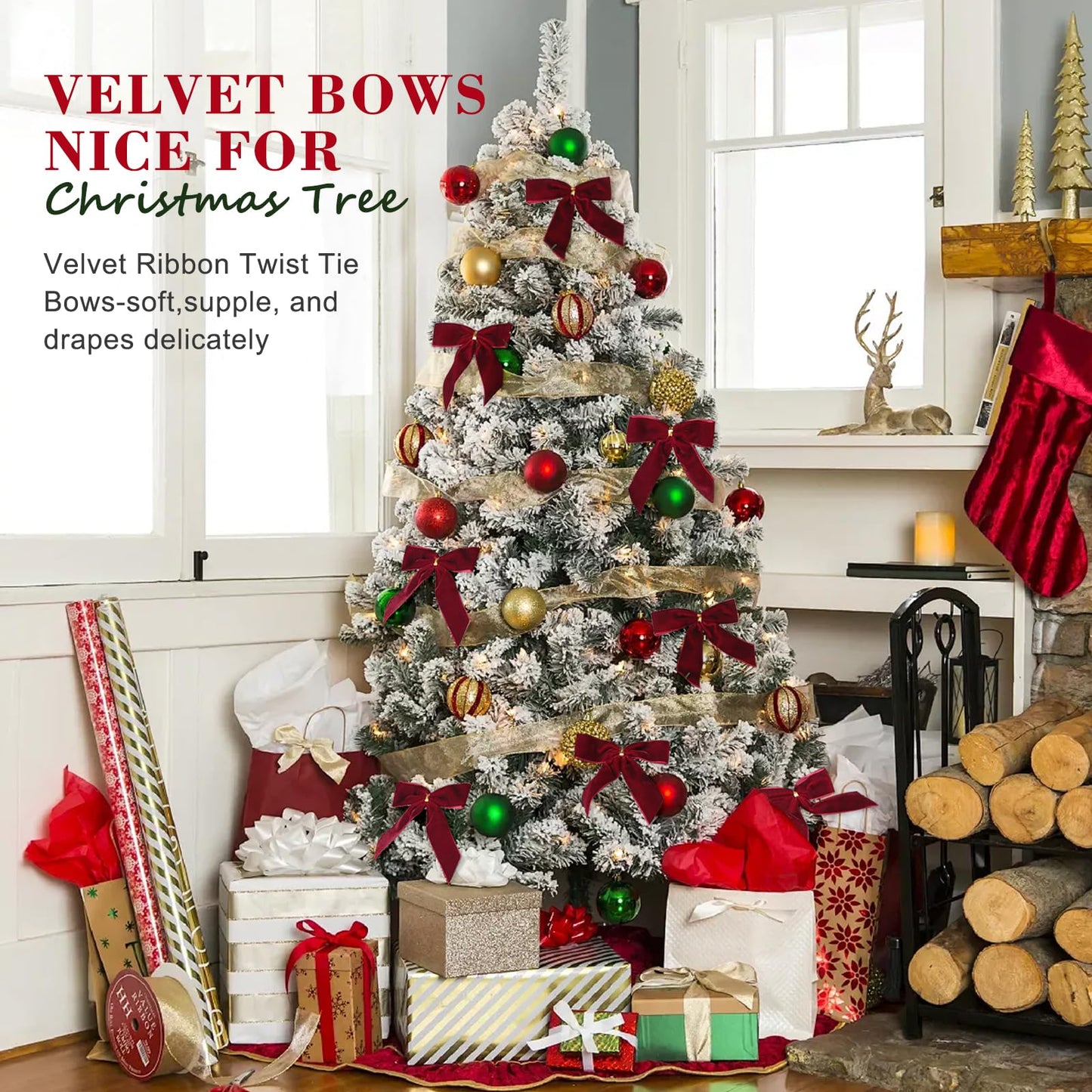 Utehilly 24 Pcs Burgundy Small Velvet Christmas Bows for Christmas Tree, Wreath, Gift Wrapping, Crafts, Wedding, Party, Twist Tie Bows for Treat Bag Bakery Candy Bags, Home Decor 1" W,3.5 x 3.5 inch