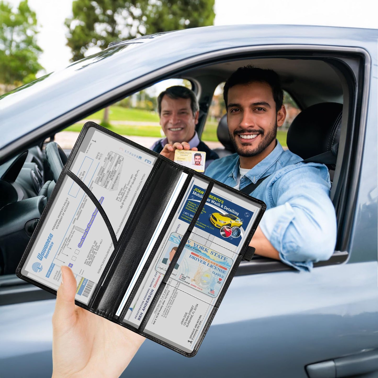 FXIANGWL Car Registration and Insurance Holder - RFID Blocking PU Leather Vehicle Document Organizer with Reinforced Stitched Edges, Slim Glove Box Wallet for Men Women, Dragonfly Stained Glass