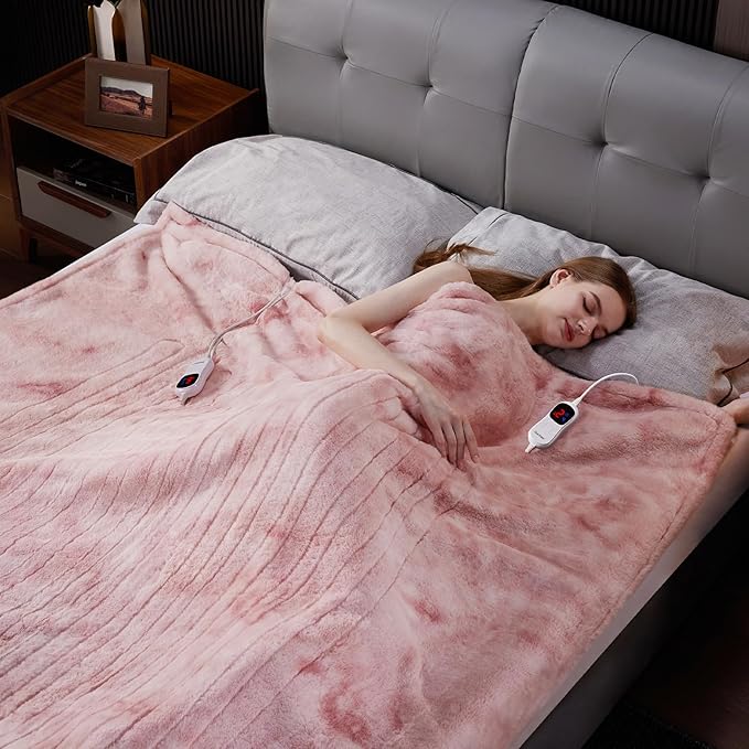 Guohaoi Heated Blanket Electric Throw, Soft Faux Rabbit Fur Electric Blanket with 10 Heating Levels 5 Sitting Timer Auto Off, Cozy Warm Heating Blankets, Machine Washable(90"×100" Pink)