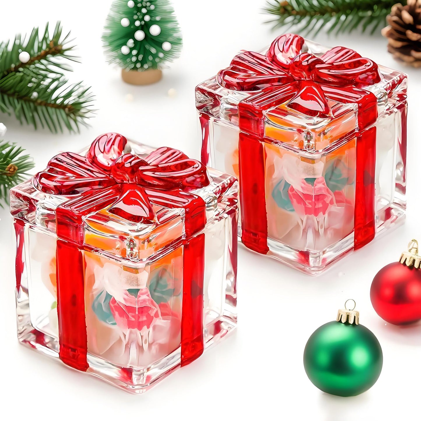 kanpura 2 Pcs Christmas Candy Jar with Lid 2.6" Red Square Crystal Candy Dishes for Xmas Peppermint Party
