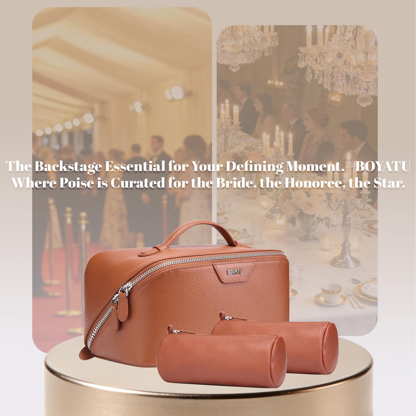 BOYATU Genuine Leather Travel Makeup Bag: Large Capacity 3 Pcs Set Cosmetic Bags for Women - Designer Waterproof Hand-made for Toiletry Organizer - Ladies Travel Essentials for Elegance (01Brown)