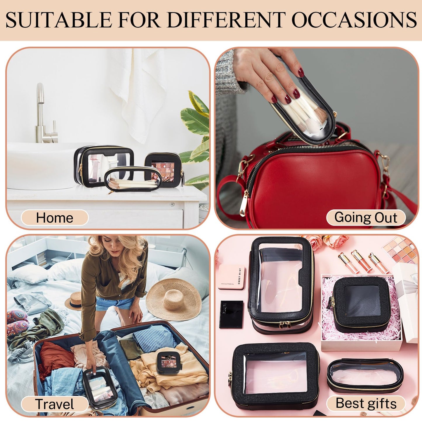 4 Pcs Leather Clear Makeup Bags Set for Women Travel Clear Cosmetic Case Toiletry Bags with Zipper Makeup Brush Case Waterproof Organizer Storage for Women Men Travel Accessories, 4 Sizes(Black)
