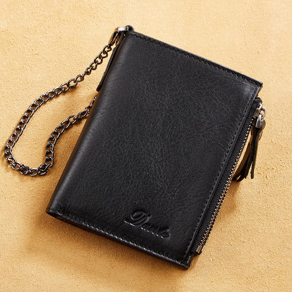 Wallet with Chain for Men Women Genuine Leather RFID Blocking Bi-Fold Wallet with Chain, Zip Coin Pocket, Credit Card Holder, Transparent ID Window for Driver License Biker Punk Hip Hop Style (Black)