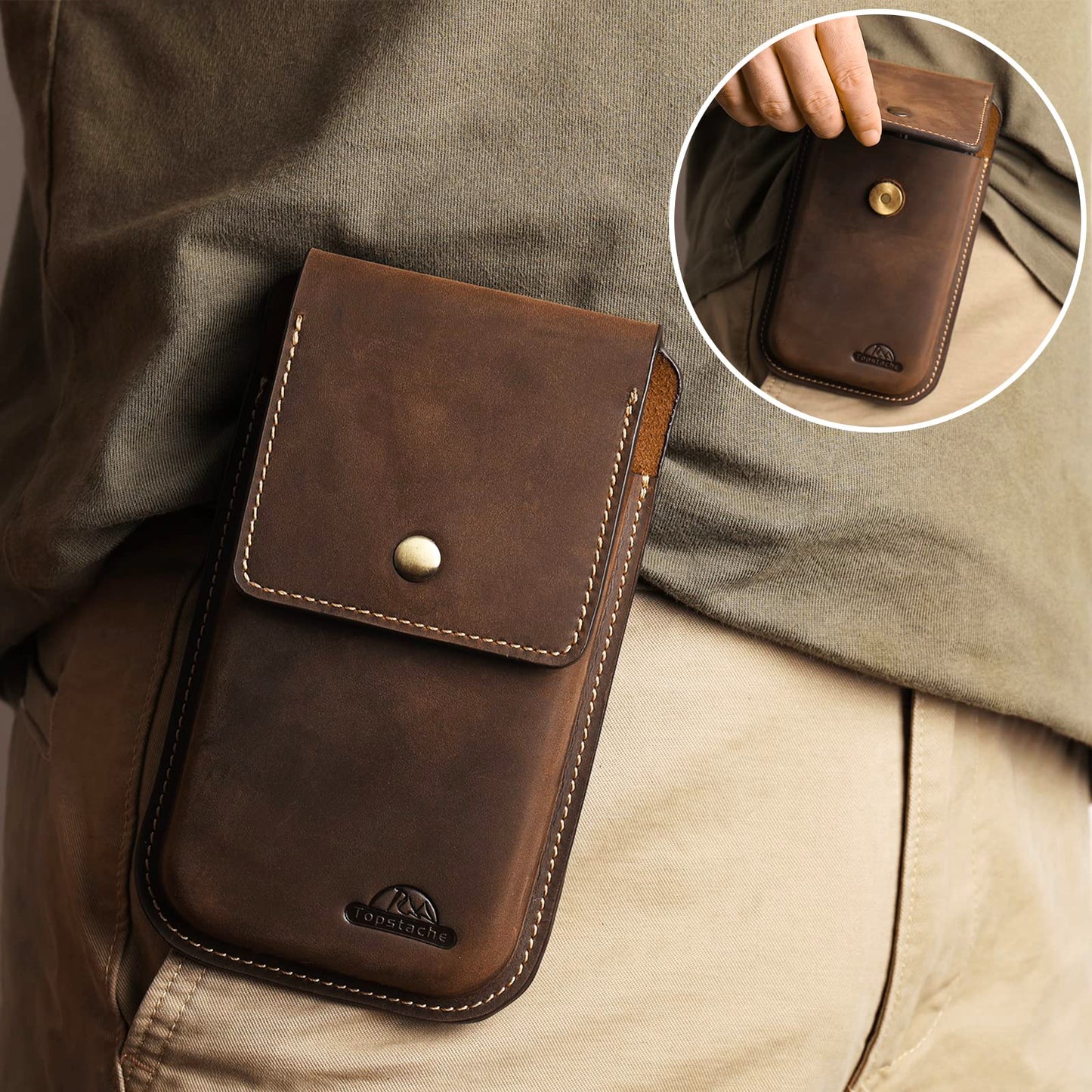 Topstache Leather Phone Holster for iPhone 17/16/15/14/13 Pro Max & Plus - Belt Clip Cell Phone Case for Galaxy S25/S24/S23 Ultra & Plus - Leather Belt Holder Pouch for Men, XL,Darkbrown