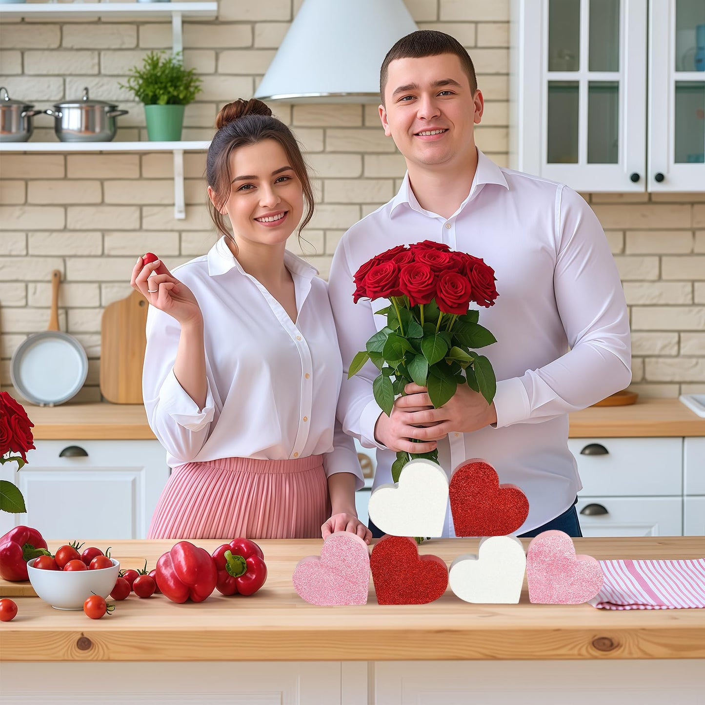 COCHIE Wooden Valentine's Day Hearts Decorations Indoor, Wood Heart Blocks Tiered Tray Decor Set of 6, Red Pink White Valentine Decoration for Home Party Office Shelf Mantle (Glitter)