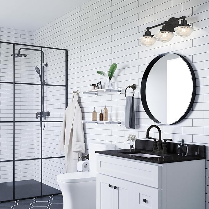 Design House Vintage-Inspired Schoolhouse 3-Light Dimmable Vanity Light, 23.125 in x 7.625 in x 9.5 in, Matte Black, Clear Seeded Glass Shades, 589143-BLK