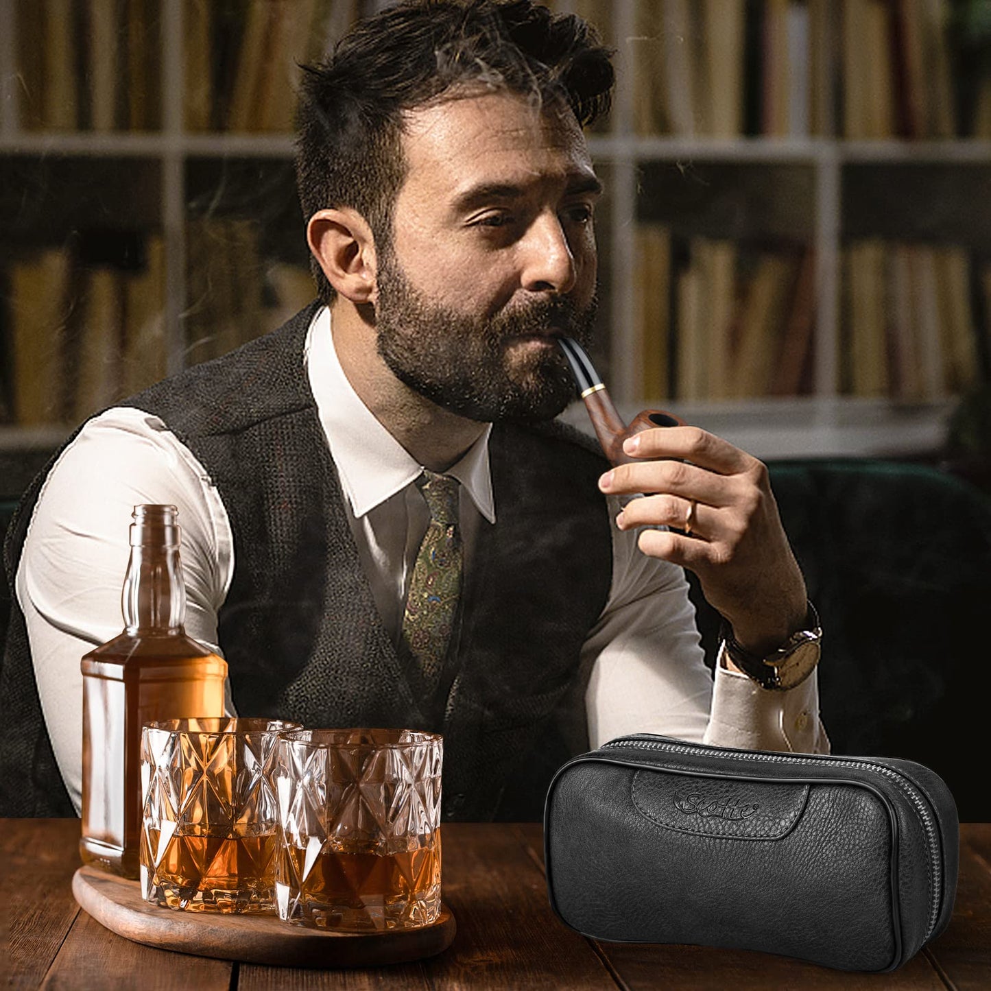 Scotte Tobacco Smoking Pipe,Leather Tobacco Pipe Pouch Pear Wood Pipe Accessories (Scraper/Stand/Filter Element/Filter Ball/Small Bag/Box) (black 2)
