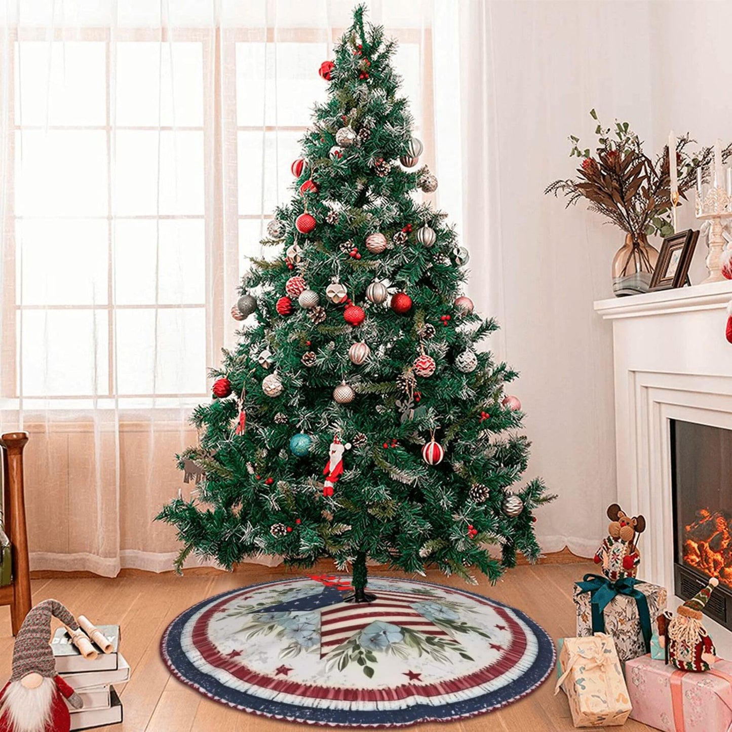 American Flag Stars Christmas Tree Skirt 36 Inch Xmas Tree Mat Party Decor Supplies for Holiday Home Decorations