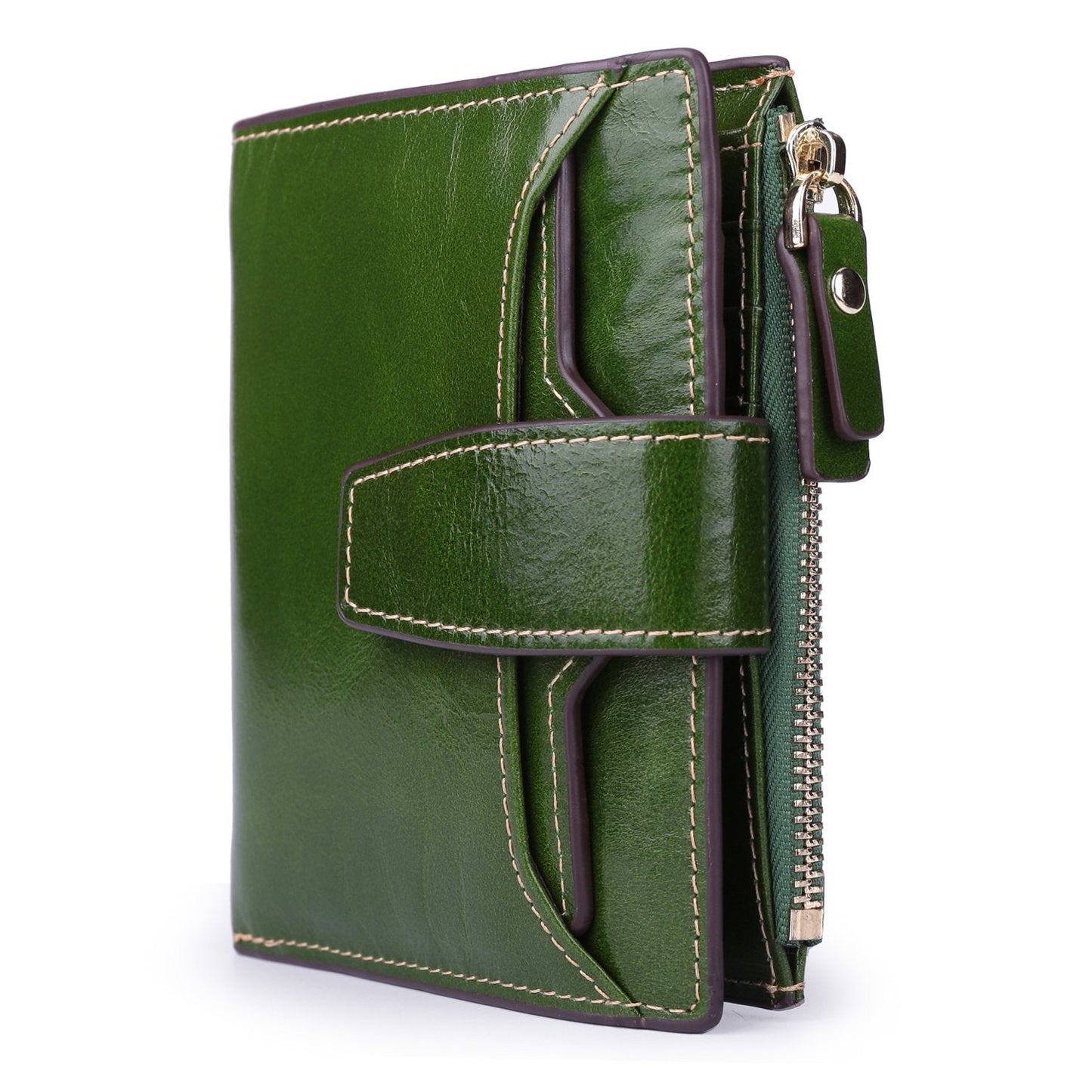 AINIMOER Women's RFID Blocking Leather Bi-fold Wallet, Waxed Green