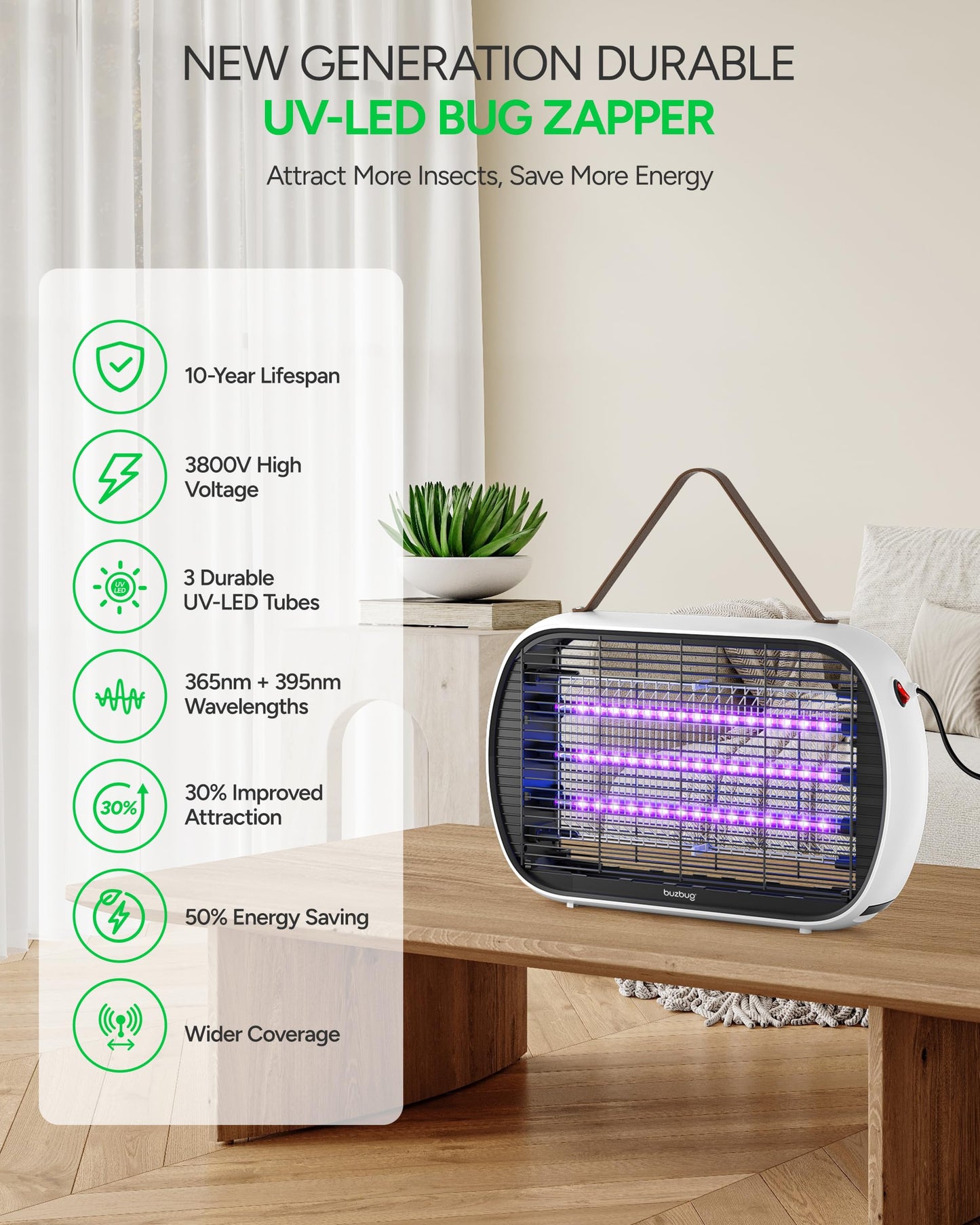 Buzbug Upgraded LED Bug Zapper Indoor, 10 Years Lifespan 3 Lamps Sustainable Less Power, 3800V Powerful Electric Mosquito Zapper, Durable Fly Trap Mosquito Trap, Fly Killer Fly Zapper -MA015PLUS