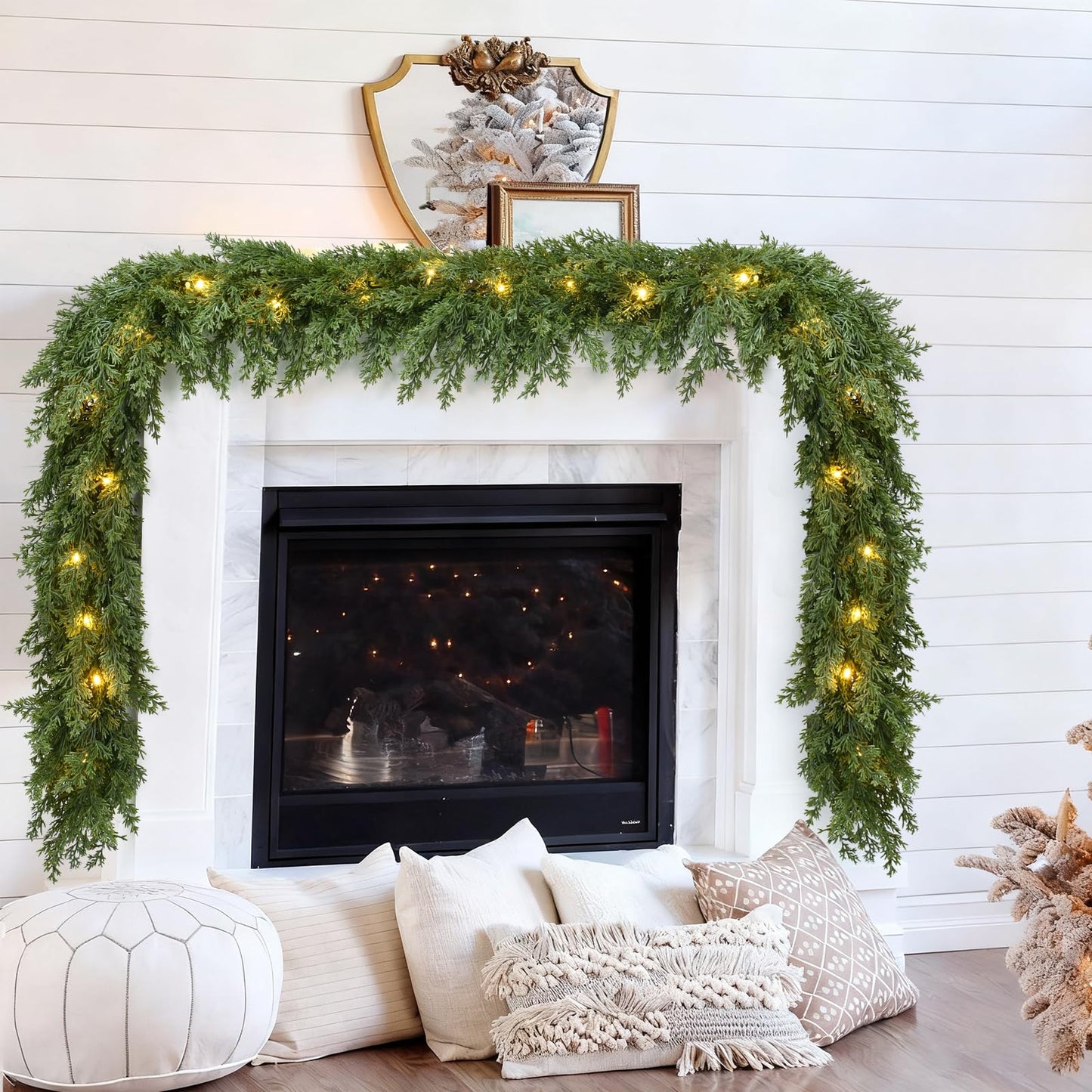 Lvydec Lighted Christmas Pine Garland Decoration, 6ft Realistic Cedar Cypress Garlands Christmas Greenery Garland with Lights for Holiday Mantel Fireplace Table Centerpiece (6ft)