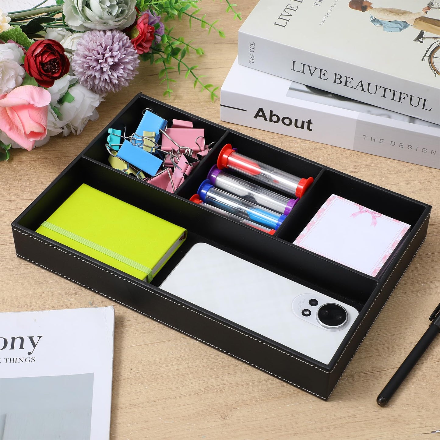 Afcabakila 2 Pieces Leather Valet Tray Nightstand Drawer Organizer Stackable Jewelry Organizer For Drawer Key Wallet Sunglass Watch Coin Phone Bedside Dresser Top Tray Black
